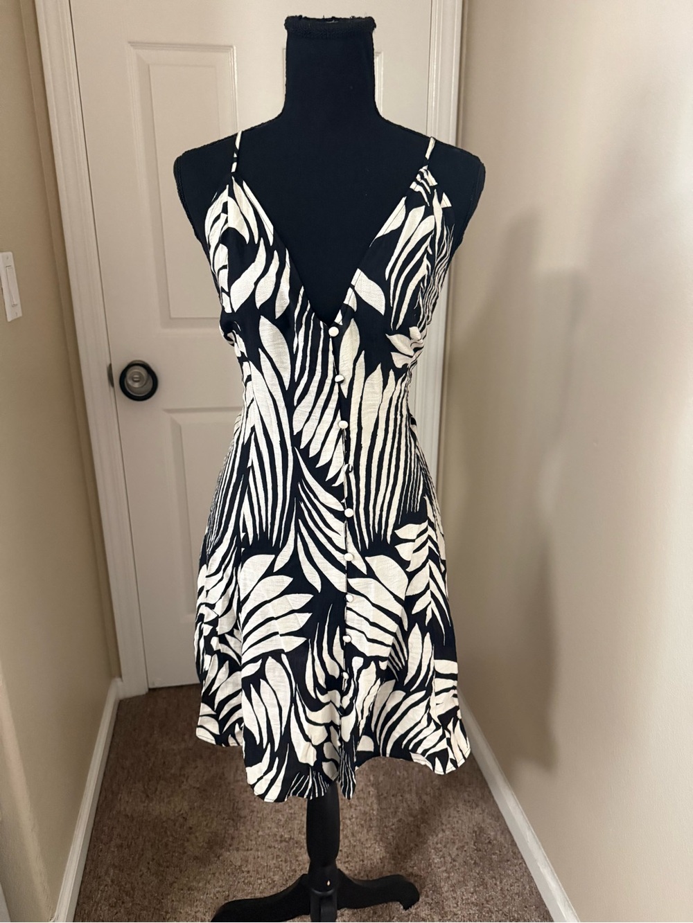 H&M Black and White Leaf-Print Spaghetti Strap Mini Dress